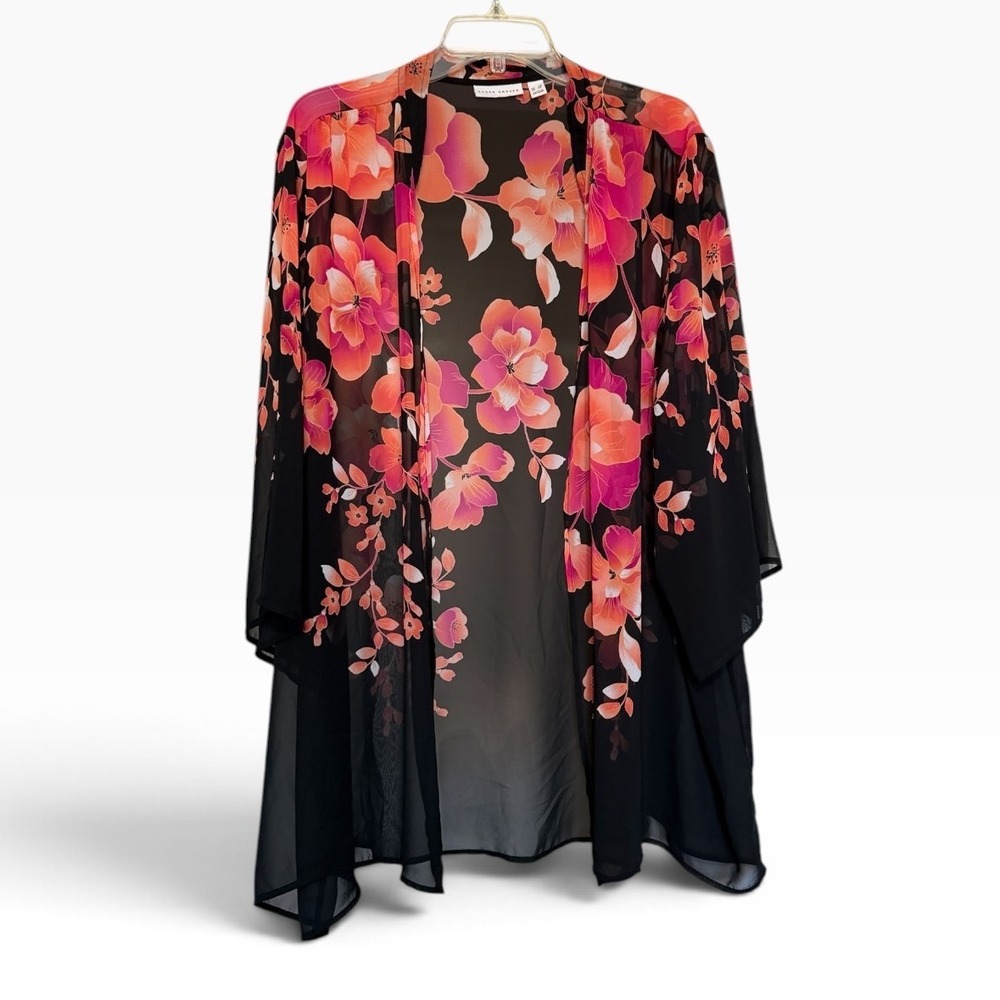 Susan Graver Floral Kimono Women 3X Black Pink Sheer Open Front Chiffon Cardigan